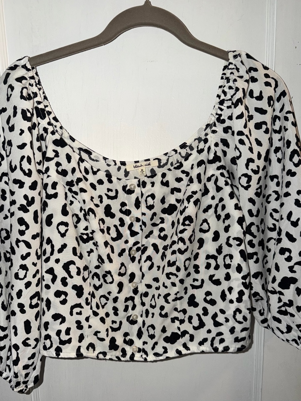 White & Black Leopard Print Button-Front Off the Shoulder Top